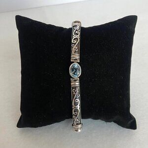 Sterling Silver 925 Oval Blue Topaz Oxidized Scrollwork Panel Bracelet 7.75"